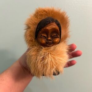 VTG Handmade Alaskan Nuni Eskimo Wood Doll Shelf Sitter Rabbit Fur 4”